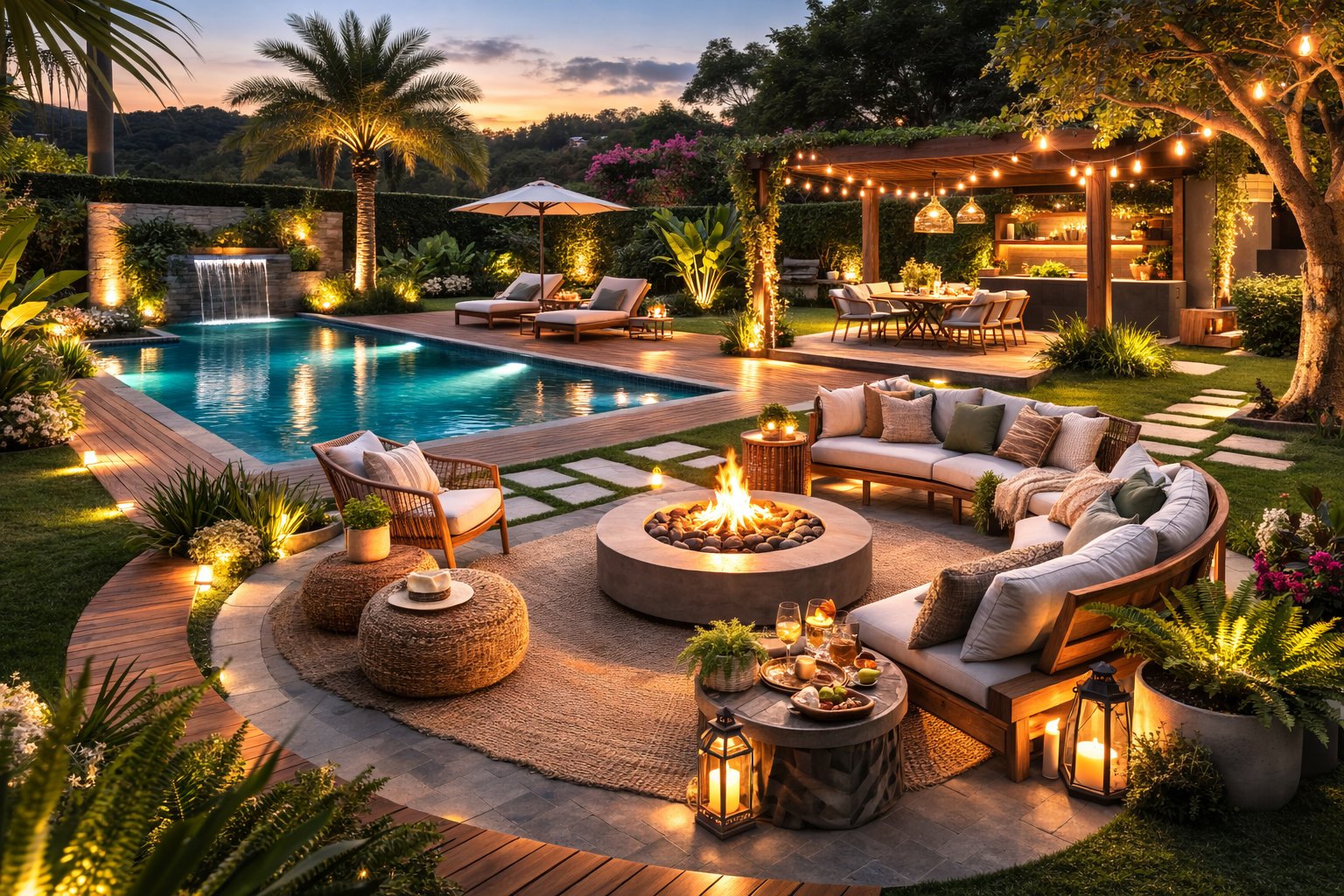 Área de lazer com piscina iluminada e jardim